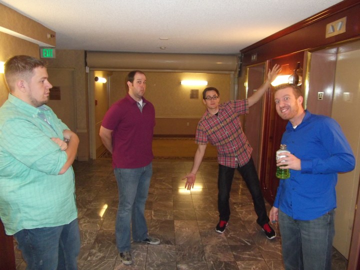 It might look like we're excited and dressed nice for a night on the town, but what we don't know is that there's vomit on the elevator we're waiting for.